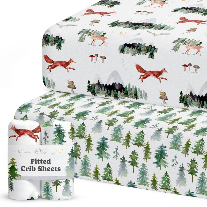 Sorrel + Fern Crib Sheets Neutral - Fitted Baby Crib Sheets Bed for Girl Boy - 2 Pack Standard & Toddler Mattress (Woodland Forest Animals) - Buttery Soft Organic Cotton Blend - Image 1